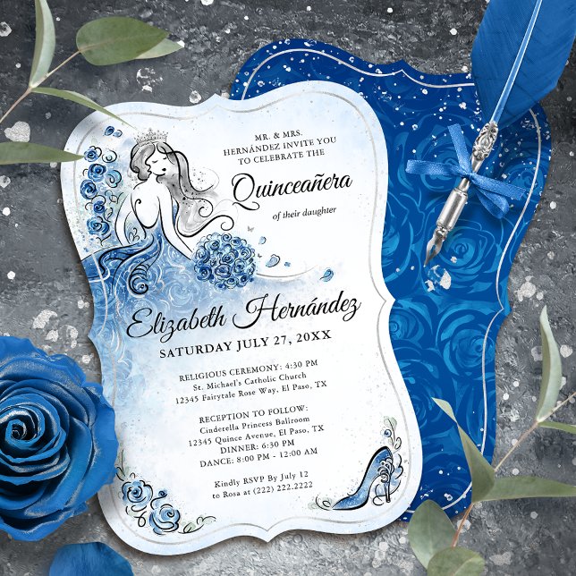 Elegant Royal Blue Silver Princess Quince Birthday Inbjudningar (Royal blue and silver princess invitations to bring a touch of fairy tale magic to your quince.)