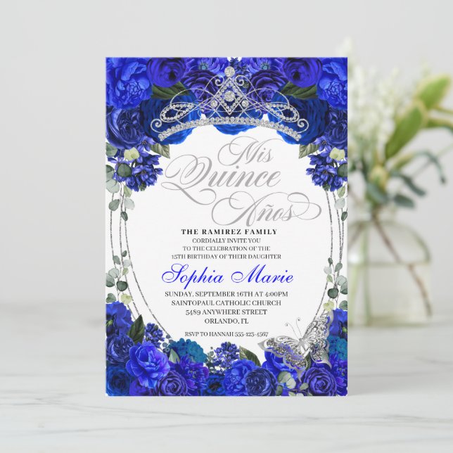 Elegant Royal Blue Silver Quinceanera Birthday Inbjudningar (Stående Fram)
