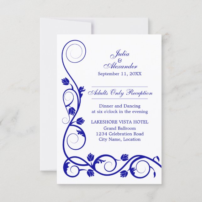 Elegant Royal Blue Virvlar Mottagning Inbjudningar (Framsida)