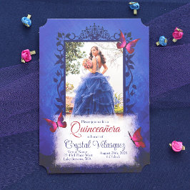Elegant Royal Blue w/ Red Butterflies Quinceanera Inbjudningar