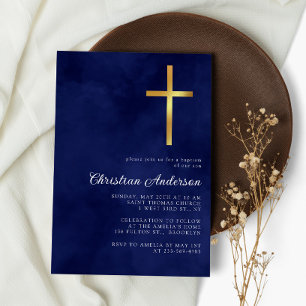 Elegant Royal Blue Watercolor Baptism Boy Inbjudningar