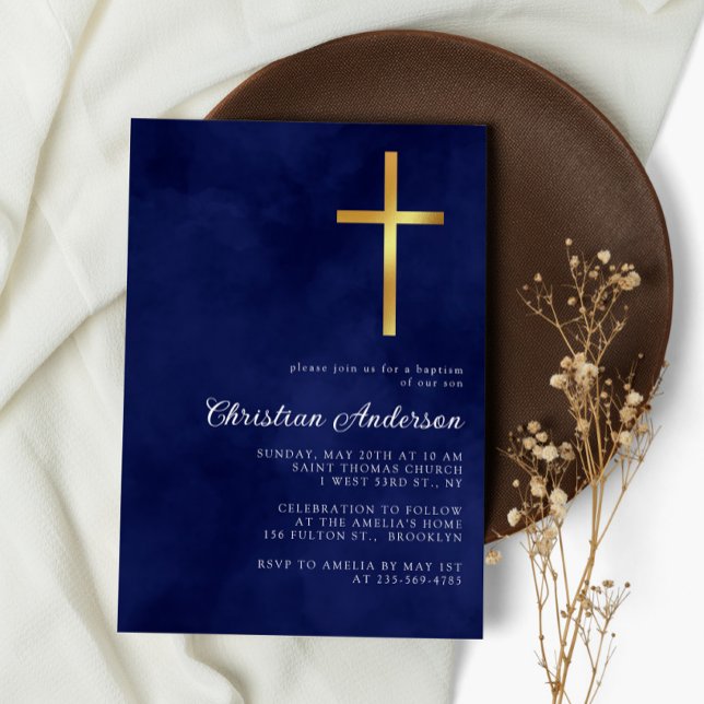 Elegant Royal Blue Watercolor Baptism Boy Inbjudningar (Skapare uppladdad)