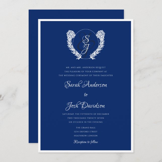 Elegant Royal Blue - White Monogram Inbjudningar (Fram/baksida)