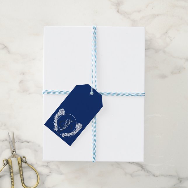 Elegant Royal Blue - White Monogram Presentetikett (Med Snöre)