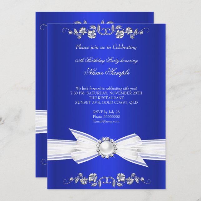Elegant Royal Blue White Pearl Jewel Bow Birthday Inbjudningar (Fram/baksida)