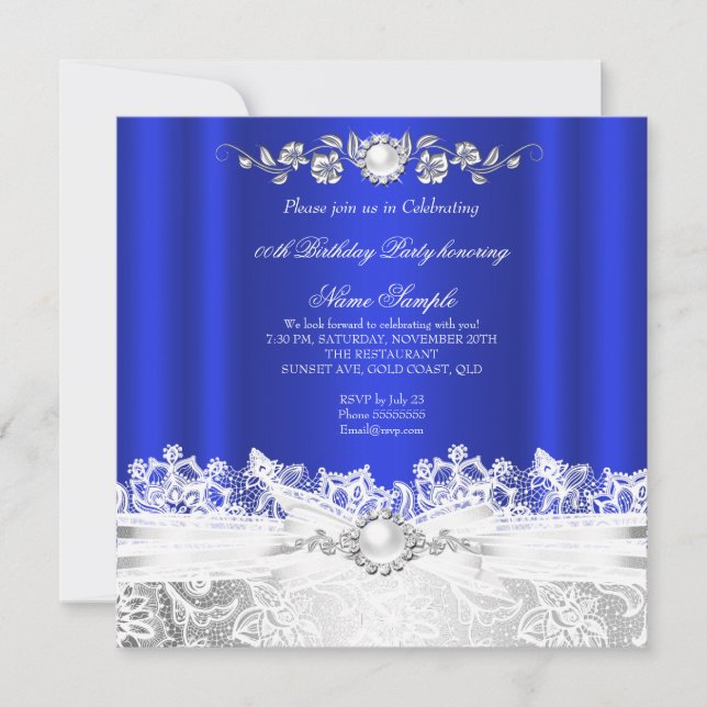 Elegant Royal Blue White Snöre Jewel Bow Birthday Inbjudningar (Framsida)