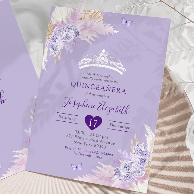 Elegant Royal Boho Lilac Blommigt Mis Quince Años Inbjudningar (Skapare uppladdad)