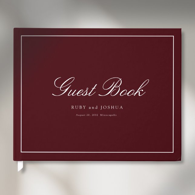 Elegant Royal Burgundisk Skriftfont Bröllop Gästböcker (Elegant Royal Burgundy Scripted Font Wedding Guest Book)