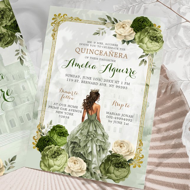 Elegant Royal Castle Guld Sage Grönt Quinceañera Inbjudningar (Skapare uppladdad)