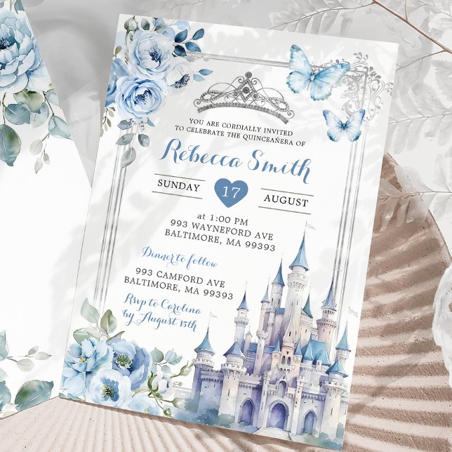 Elegant Royal Castle Silver Dusty Blue Quinceañera Inbjudningar (Skapare uppladdad)