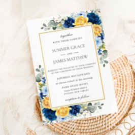 Elegant Royal Dusty Blue Gult Blommigt Bröllop Inbjudningar