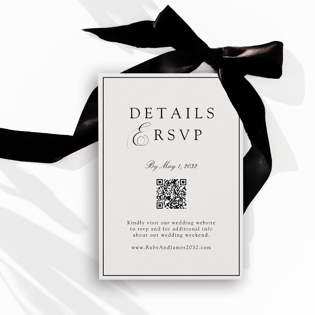Elegant Royal Elfenben & Svart QR-kod Bröllop RSVP Tilläggskort (Elegant Royal Ivory & Black QR Code Wedding RSVP Enclosure Card)