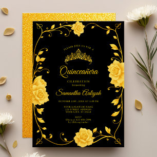 Elegant Royal Guld Blommig Quinceañera Inbjudningar