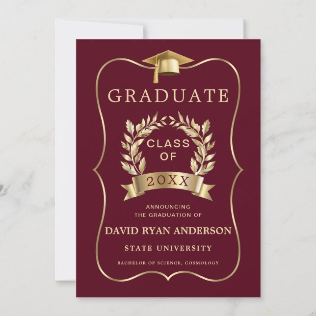 Elegant Royal Guld Burgundy-Studentfesten Inbjudningar (Framsida)