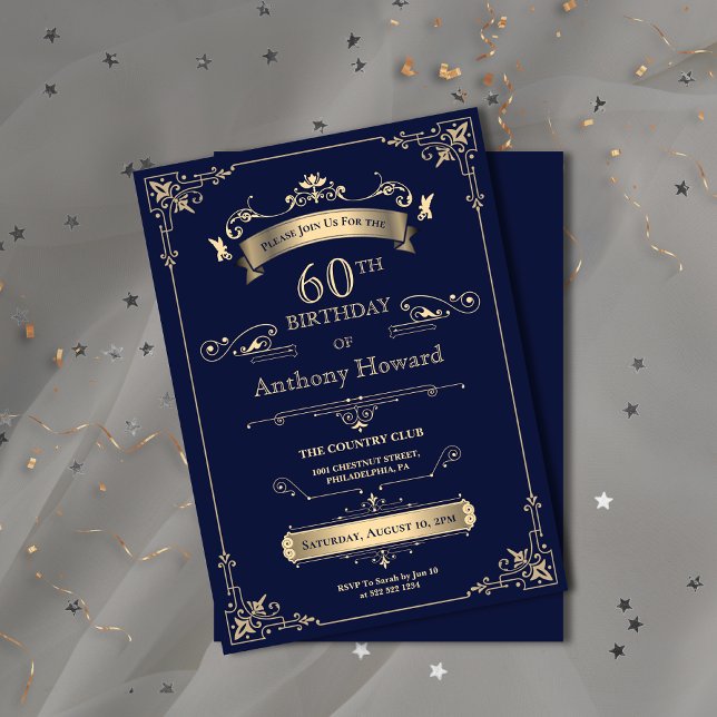 Elegant Royal - Guld milstolpe - födelsedag Inbjudningar (Elegant Royal Navy Gold Milestone Age Birthday Invitation)
