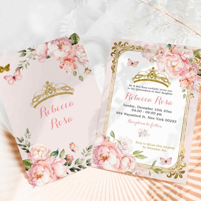 Elegant Royal Krona  Rosa Guld Quinceañera Inbjudningar (Skapare uppladdad)