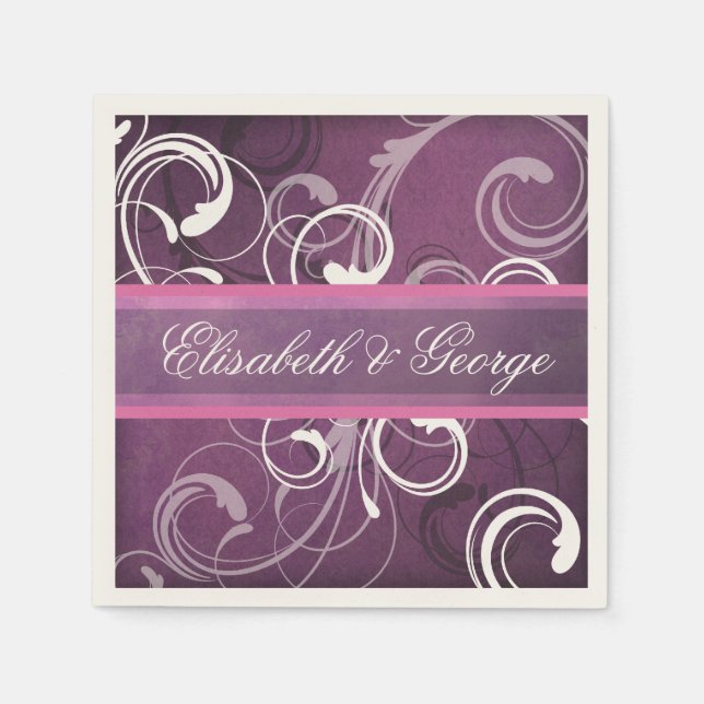 Elegant Royal Lila Grunge Damask Swirls Bröllop Pappersservett (Framsidan)