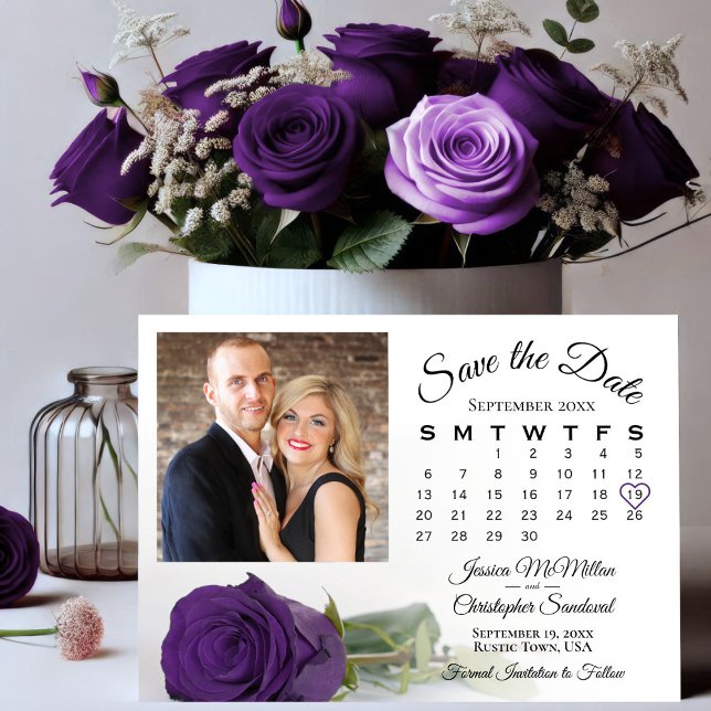 Elegant Royal Lila Ro Bröllop kalender och foto Spara Datumet (Skapare uppladdad)