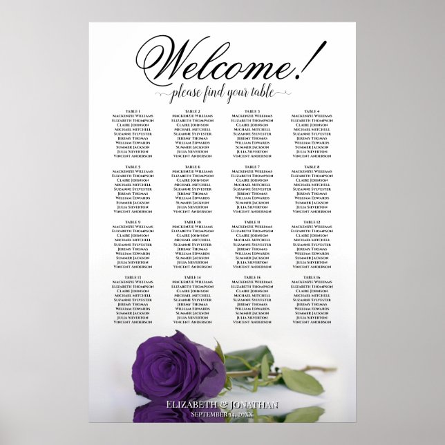 Elegant Royal Lila Ros 16 Bordsplacering Poster (Framsidan)