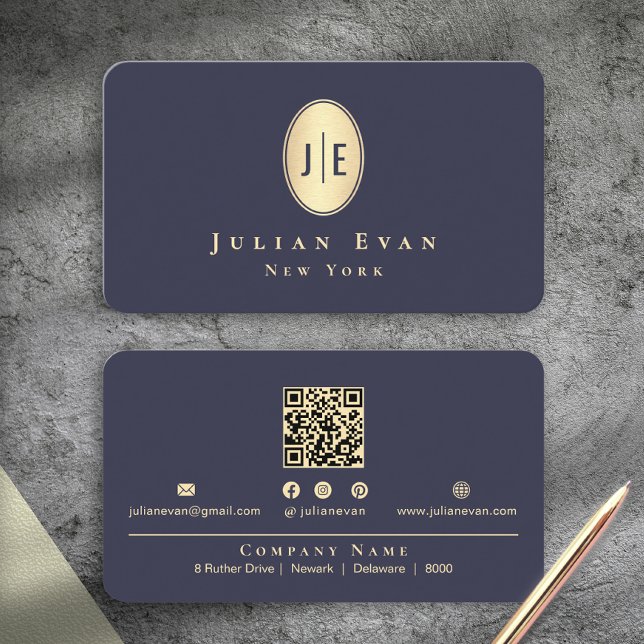 Elegant Royal Navy Blå Blank Guld Oval Monogram Visitkort (Elegant Royal Navy Blue Shiny Gold Oval Monogram Business Card)