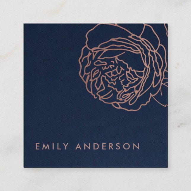 ELEGANT ROYAL NAVY  ROSA ROS GULD BLOMMIGT FYRKANTIGT VISITKORT (Framsida)