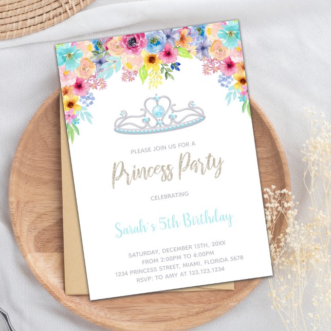 Elegant Royal Party för flickor Inbjudningar (Silver Crown Floral Princess Birthday Invitations)
