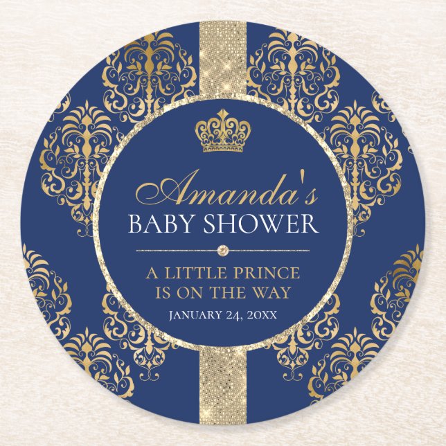 Elegant Royal Prince Baby Shower Underlägg Papper Rund (Framsidan)