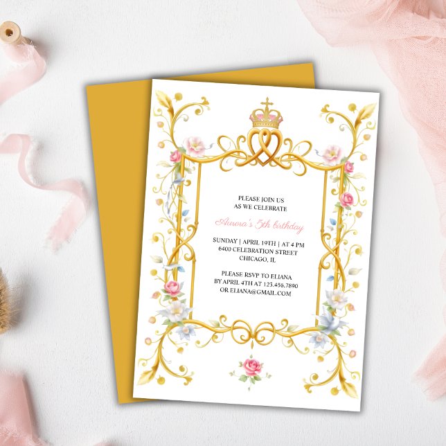 Elegant Royal Princess Girl Girl 5:e Födelsedagsfe Inbjudningar (Elegant Royal Princess Girl 5th Birthday Party Invitation)