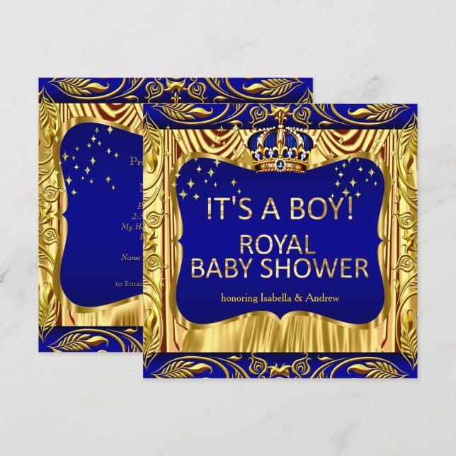 Elegant Royal Prins Baby Shower Blå Guld Inbjudan (Fram/baksida)