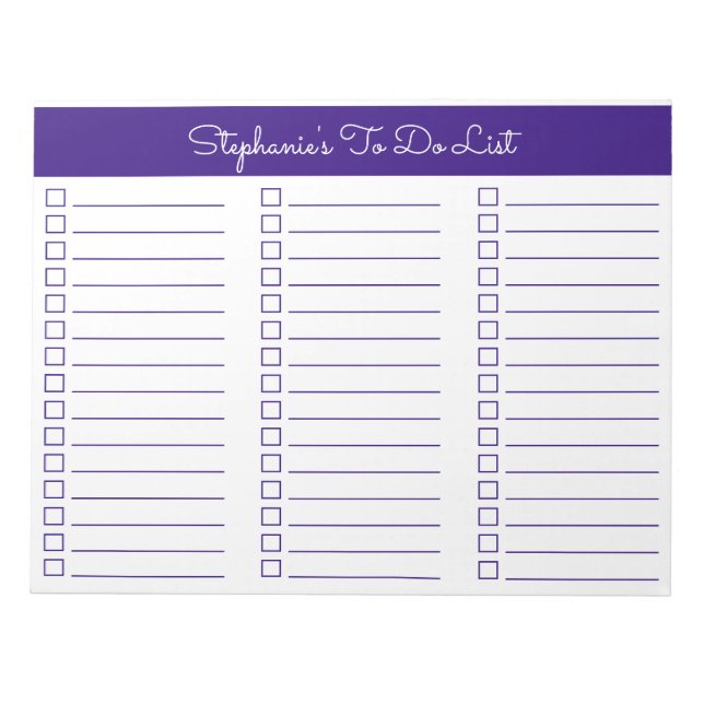 Elegant Royal Purple 8.5x11 Three Column Checklist Anteckningsblock (Framsida)