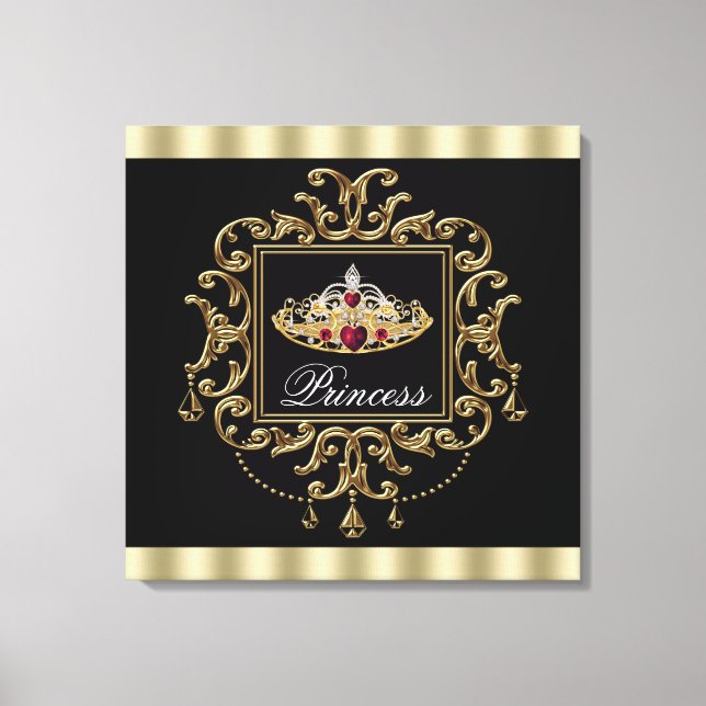 Elegant Royal Röd Svart och Guld Tiara Prinsessa Canvastryck (Framsida)