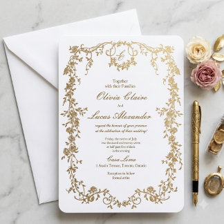 Elegant Royal Vit och Guld Blommig Bröllop Inbjudningar