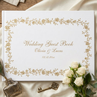 Elegant Royal Vit och Guld Signatur Blommig Gästböcker