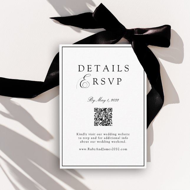Elegant Royal Vit & Svart QR-kod Bröllopsanmälan Tilläggskort (Elegant Royal White & Black QR Code Wedding RSVP Enclosure Card)