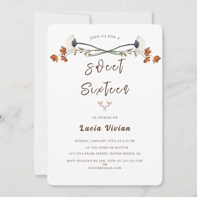 Elegant Royal WildblomSöt 16 Födelsedagsfester Inbjudningar (Framsida)