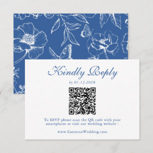 Elegant Royalblå Blommig QR-kod Bröllopsanmälan OSA Kort
