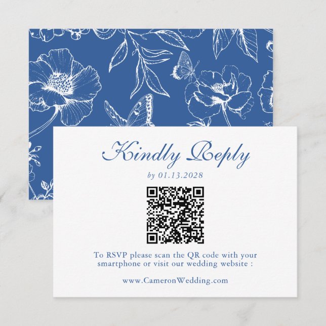 Elegant Royalblå Blommig QR-kod Bröllopsanmälan  OSA Kort (Fram/baksida)