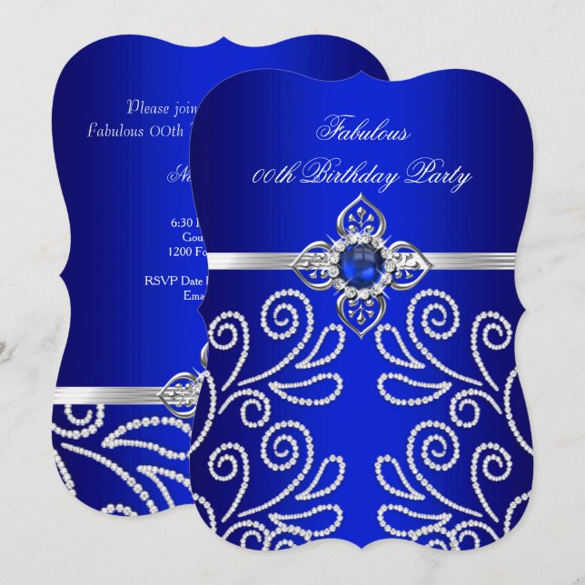 Elegant Royalblå Diamantpärl Födelsedagsfest Inbjudningar (Fram/baksida)