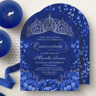 Elegant Royalblå Fjärilar Kron Quinceanera Inbjudningar