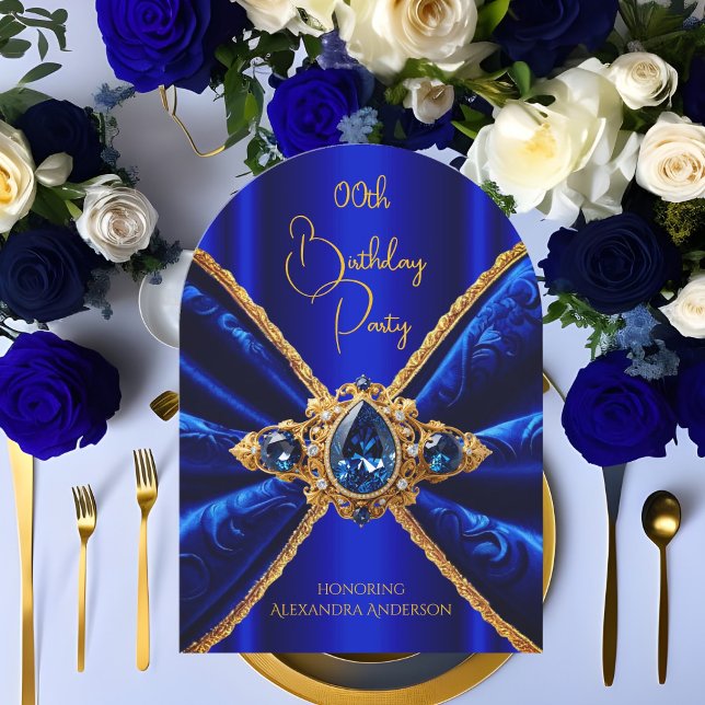 Elegant Royalblå Födelsedags Guld Juwel Falsk Velv Inbjudningar (Skapare uppladdad)