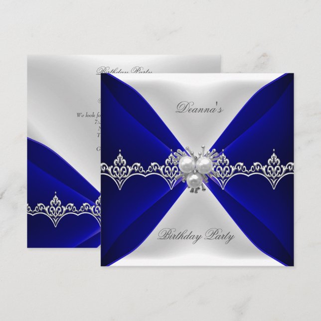 Elegant Royalblå Födelsedags Jewel Vitt Siden Inbjudningar (Fram/baksida)
