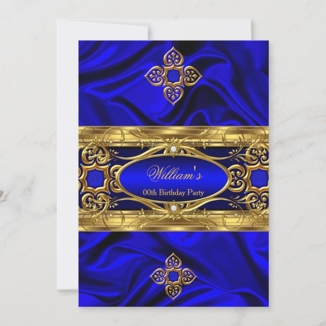 Elegant Royalblå Guld Ädelstenar Silke Födelsedags Inbjudningar (Framsida)