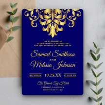 Elegant Royalblå Guld Damask Bröllopsinbjudan