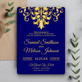 Elegant Royalblå Guld Damask Bröllopsinbjudan Inbjudningar