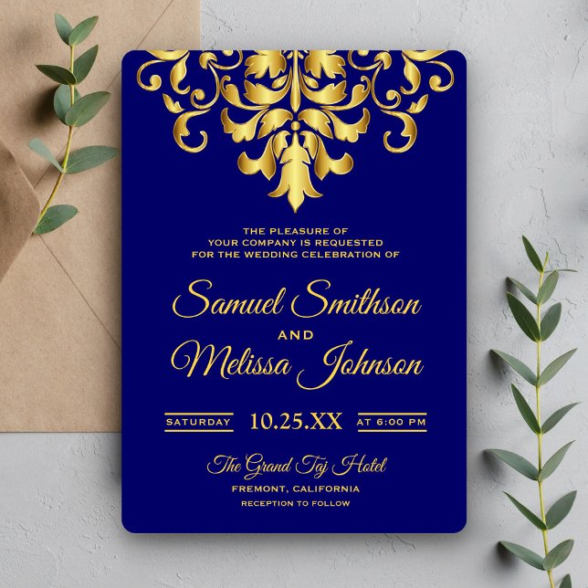 Elegant Royalblå Guld Damask Bröllopsinbjudan Inbjudningar (Skapare uppladdad)