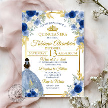 Elegant Royalblå & Guld Ros Quinceañera