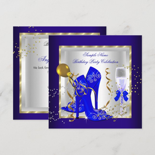 Elegant Royalblå Guldglitter Födelsedagsfest Inbjudningar (Fram/baksida)