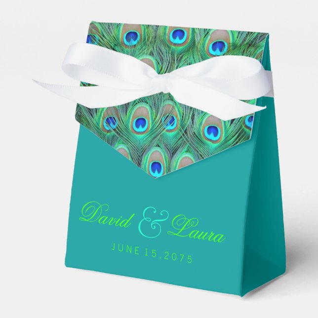 Elegant Royalblå Och Grön Påfågel Bröllop Presentaskar (Framsidan Sidan)