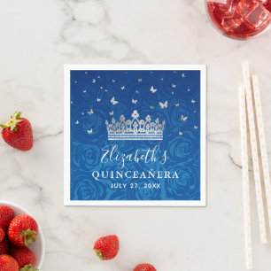Elegant Royalblå och Silver Kron Quinceanera Pappersservett