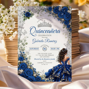 Elegant Royalblå och Silver Rosor Quinceañera Inbjudningar